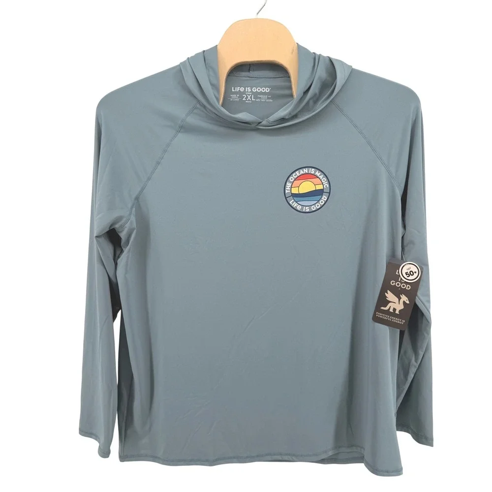 NEW Life is Good Swim Hoodie Mens 2XL Rash Guard Blue UPF 50+ Ocean Magic Shirt